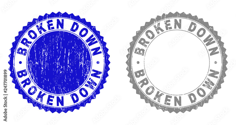 Grunge BROKEN DOWN stamp seals isolated on a white background. Rosette seals with distress texture in blue and gray colors. Vector rubber imitation of BROKEN DOWN title inside round rosette.