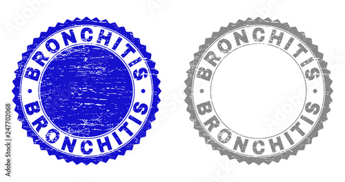 Grunge BRONCHITIS stamp seals isolated on a white background. Rosette seals with grunge texture in blue and gray colors. Vector rubber watermark of BRONCHITIS tag inside round rosette.
