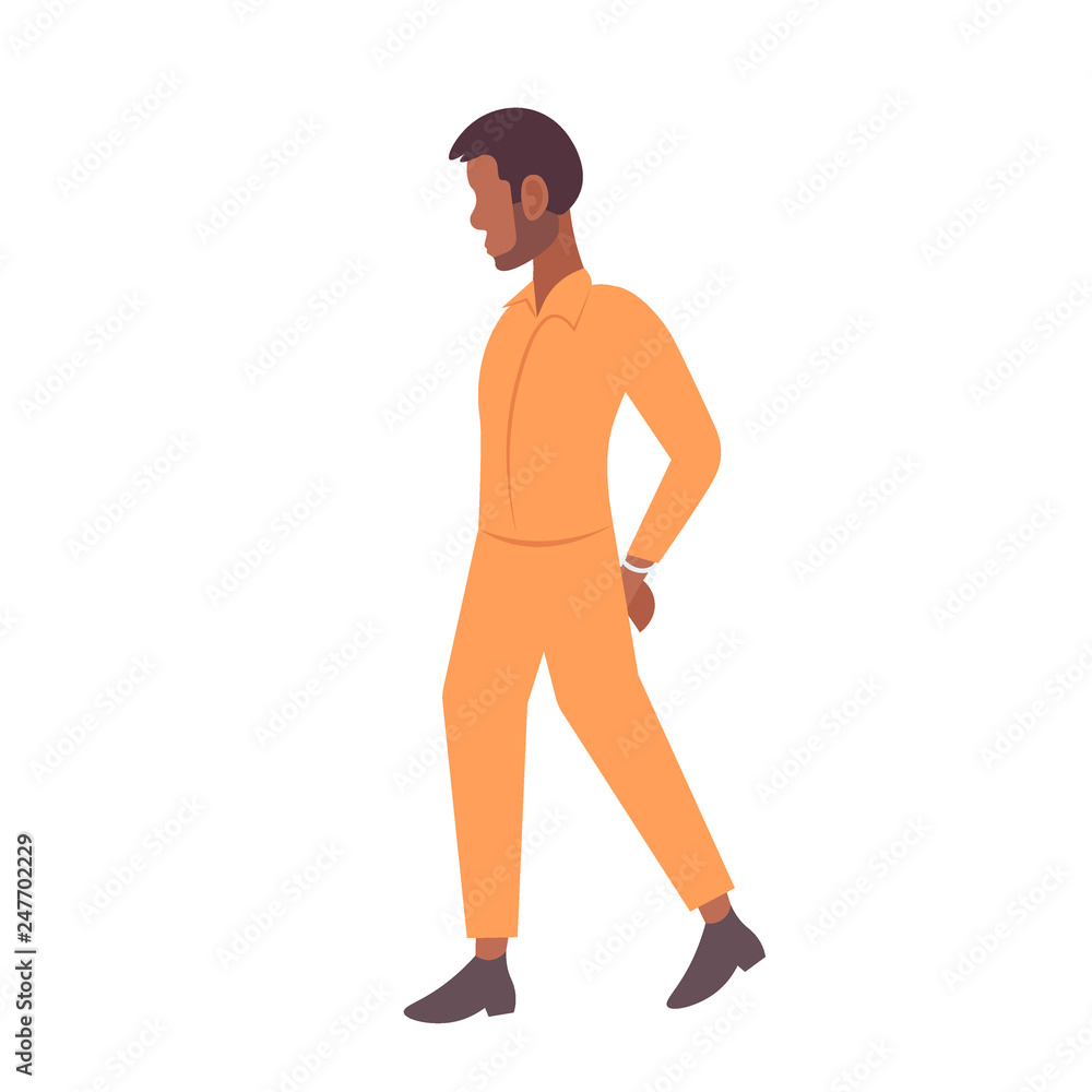 Fototapeta premium african american handcuffed prisoner man criminal in orange uniform arrest tribunal imprisonment concept male cartoon character full length flat isolated