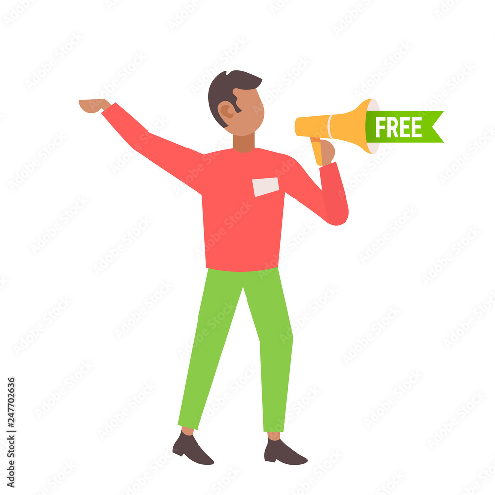 man holding loudspeaker african american announcer shouting megaphone special offer discount announcement concept male cartoon character full length flat isolated