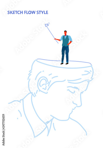 human open head businessman holding selfie stick taking picture on smartphone camera creative imagination idea concept sketch flow style vertical
