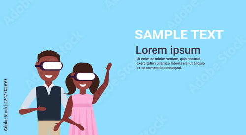 happy girl boy wearing digital glasses virtual reality headset 3d vision concept african american children having fun male female characters portrait flat copy space horizontal
