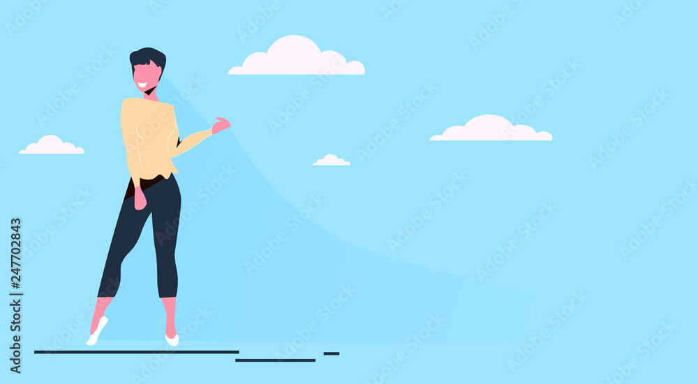 casual woman standing pose happy brunette girl fashion clothes female cartoon character full length flat blue sky background