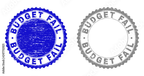 Grunge BUDGET FAIL stamp seals isolated on a white background. Rosette seals with grunge texture in blue and gray colors. Vector rubber imprint of BUDGET FAIL tag inside round rosette.