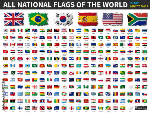 All national flags of the world . Artistic watercolor painting flat design . Vector