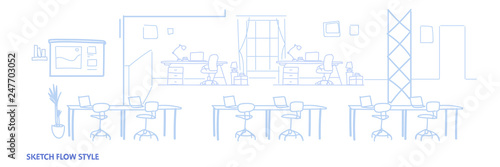 empty co-working office interior modern coworking open space center creative workplace environment horizontal banner sketch flow style