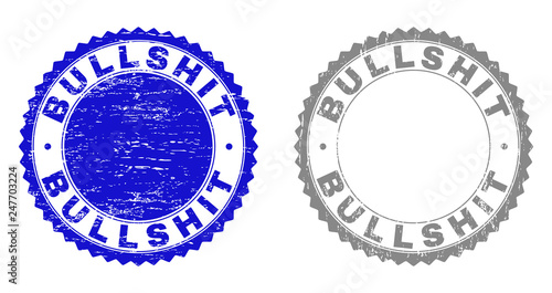 Grunge BULLSHIT stamp seals isolated on a white background. Rosette seals with distress texture in blue and gray colors. Vector rubber watermark of BULLSHIT title inside round rosette.