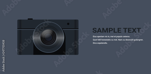 realistic modern photo camera dark background copy space flat