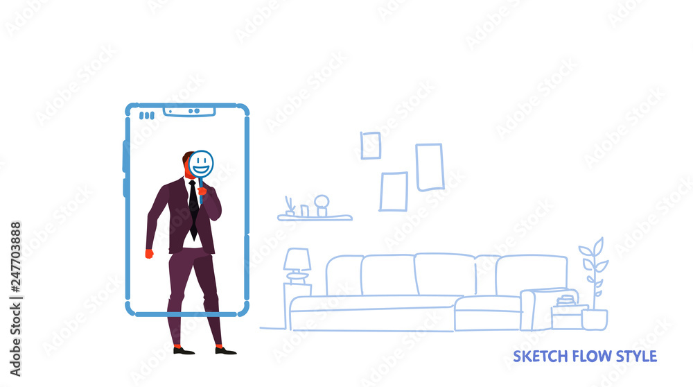 businessman using mobile application holding smiling face emotion instead of head smartphone screen modern living room interior sketch flow style horizontal