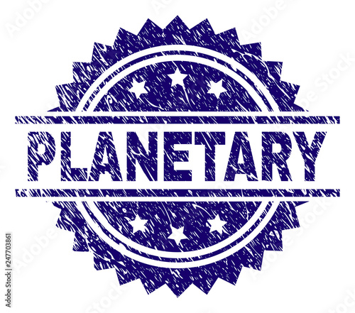 PLANETARY stamp seal watermark with distress style. Blue vector rubber print of PLANETARY caption with grunge texture.