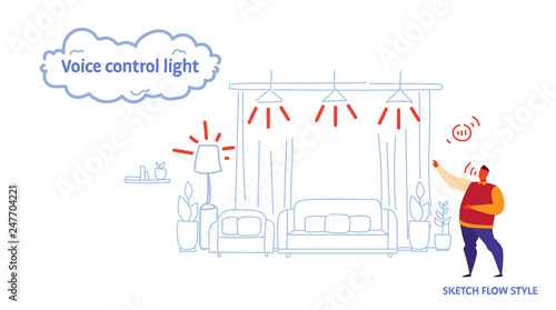smarthome living room controlled by man smart light recognizes commands voice control concept modern home interior sketch flow style horizontal