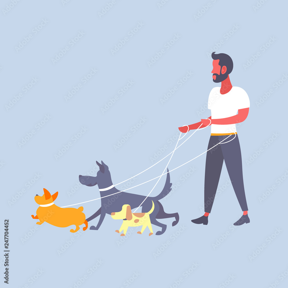 casual man dog walker guy walking with many dogs owner with pets different  breeds male cartoon character full length flat Stock Vector | Adobe Stock