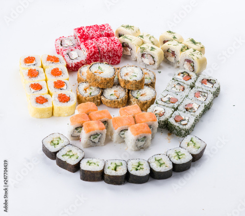 Japanese food restaurant, sushi maki gunkan roll plate or platter set. Sushi set and composition photo