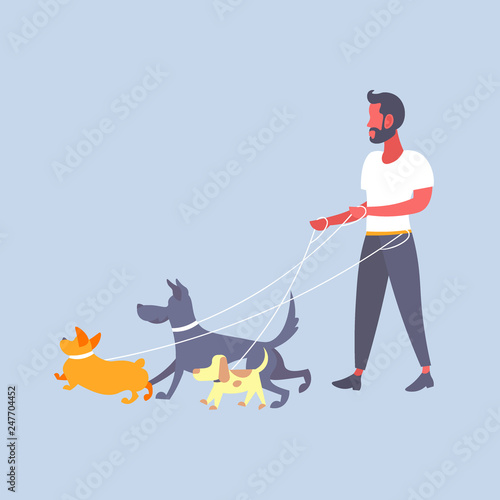 casual man dog walker guy walking with many dogs owner with pets different breeds male cartoon character full length flat