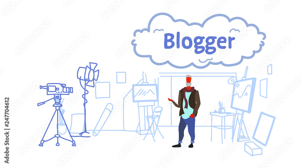 man artist blogger recording video on camera painter standing modern art workshop studio interior social media blog concept full length sketch flow style horizontal