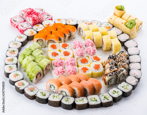 Japanese food restaurant, sushi maki gunkan roll plate or platter set. Sushi set and composition photo