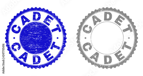 Grunge CADET stamp seals isolated on a white background. Rosette seals with grunge texture in blue and gray colors. Vector rubber imprint of CADET caption inside round rosette.