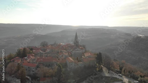 Istrian medieval hill town, aerial, wide angle view photo