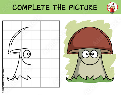 Complete the picture of a mushroom. Copy the picture. Coloring book. Educational game for children. Cartoon vector illustration