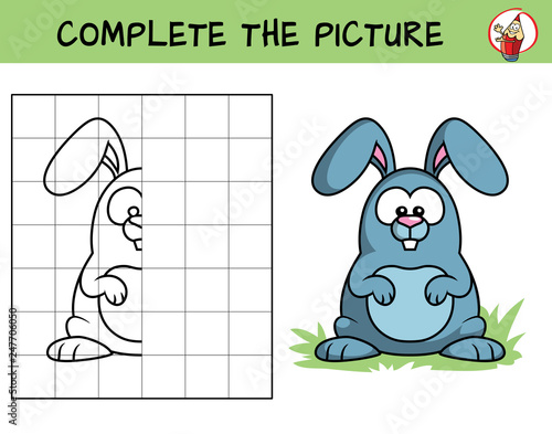 Complete the picture of a crazy rabbit. Copy the picture. Coloring book. Educational game for children. Cartoon vector illustration
