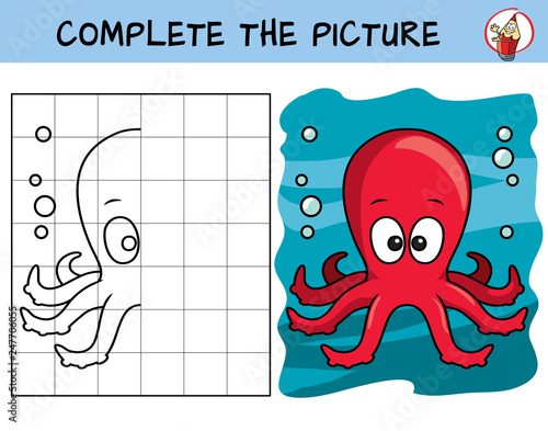 Complete the picture of a funny octopus. Copy the picture. Coloring book. Educational game for children. Cartoon vector illustration