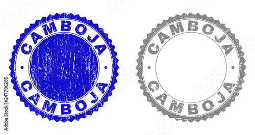 Grunge CAMBOJA stamp seals isolated on a white background. Rosette seals with grunge texture in blue and grey colors. Vector rubber imprint of CAMBOJA label inside round rosette.