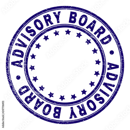 ADVISORY BOARD stamp seal imprint with distress texture. Designed with circles and stars. Blue vector rubber print of ADVISORY BOARD label with corroded texture.