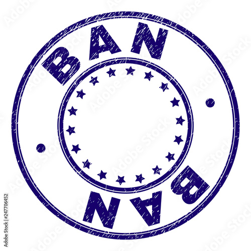 BAN stamp seal watermark with grunge texture. Designed with round shapes and stars. Blue vector rubber print of BAN caption with unclean texture.