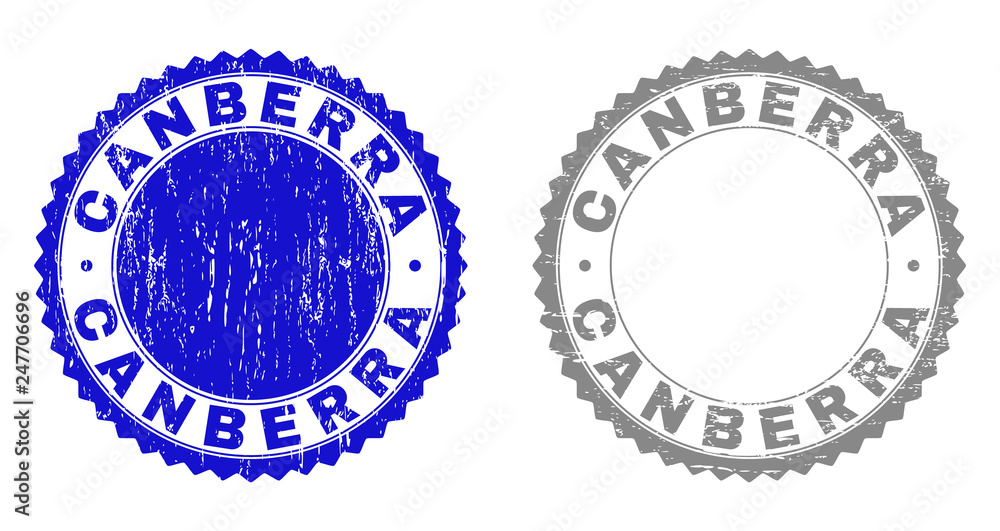 Obraz premium Grunge CANBERRA stamp seals isolated on a white background. Rosette seals with grunge texture in blue and grey colors. Vector rubber overlay of CANBERRA label inside round rosette.