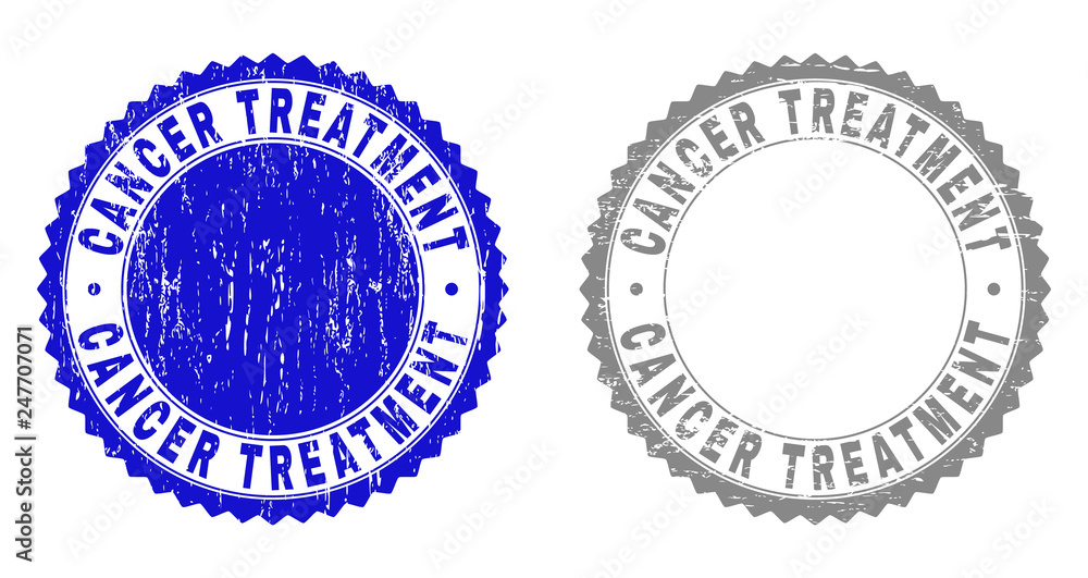 Grunge CANCER TREATMENT stamp seals isolated on a white background. Rosette seals with distress texture in blue and grey colors. Vector rubber imprint of CANCER TREATMENT label inside round rosette.