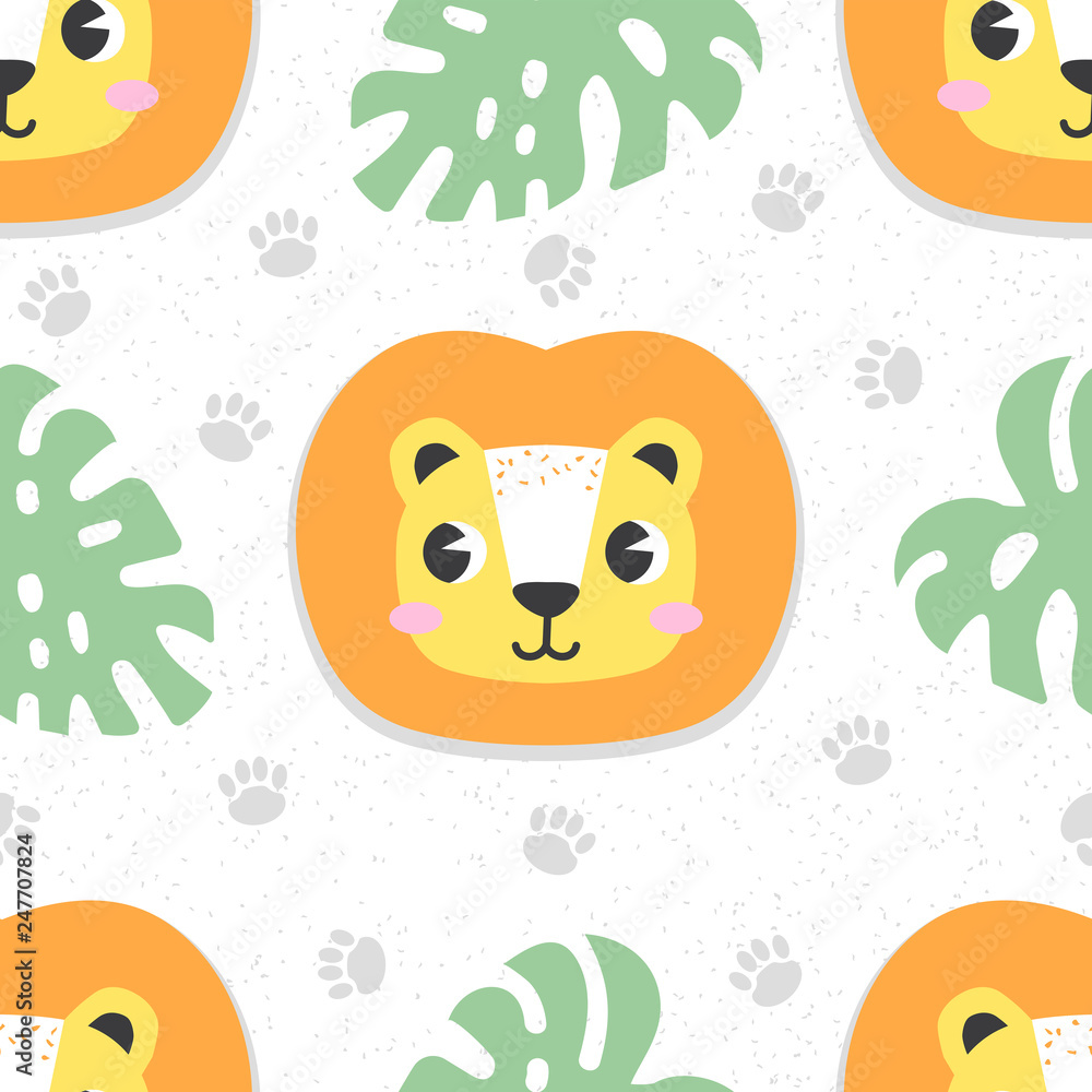 Seamless pattern with cartoon lion. Cute baby background, stamp texture. Vector illustration. Seamless pattern with cartoon lion. Cute baby background, stamp texture. Vector illustration.