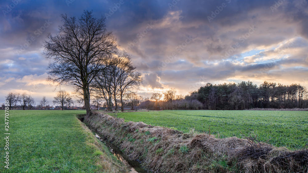Rural scenery, field with trees near a ditch and colorful sunset with dramatic clouds, Weelde, Flanders, Belgium.