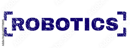 ROBOTICS tag seal imprint with corroded texture. Text tag is placed between corners. Blue vector rubber print of ROBOTICS with dirty texture.