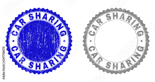 Grunge CAR SHARING stamp seals isolated on a white background. Rosette seals with grunge texture in blue and grey colors. Vector rubber watermark of CAR SHARING title inside round rosette.