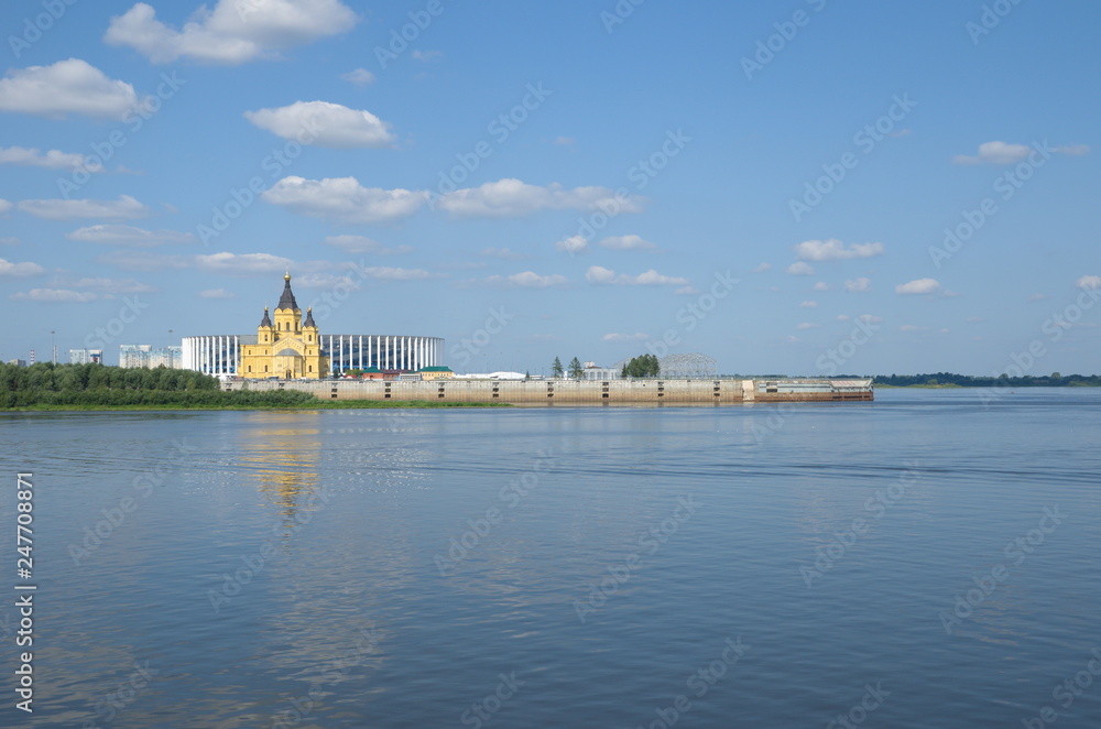 City Nizhny Novgorod, Russia. Summer view from the Nizhnevolzhskaya embankment on the Arrow and Alexander Nevsky Cathedral