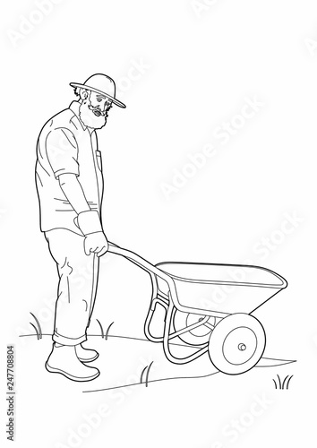 Drawing of a gardener with a wheelbarrow