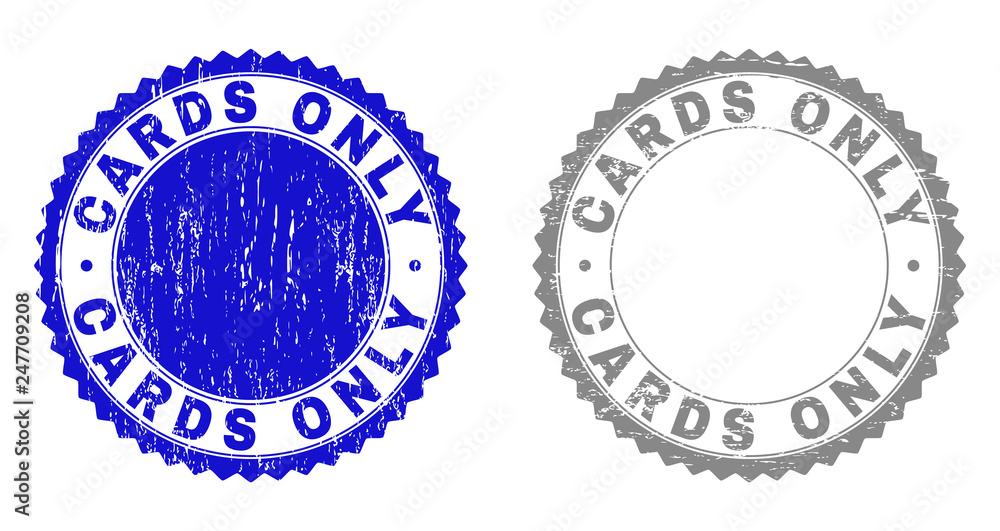 Grunge CARDS ONLY stamp seals isolated on a white background. Rosette seals with grunge texture in blue and gray colors. Vector rubber overlay of CARDS ONLY caption inside round rosette. Grunge CARDS ONLY stamp seals isolated on a white background. Rosette seals with grunge texture in blue and gray colors. Vector rubber overlay of CARDS ONLY caption inside round rosette.