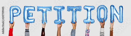 Принти на полотні Hands holding petition word in balloon letters