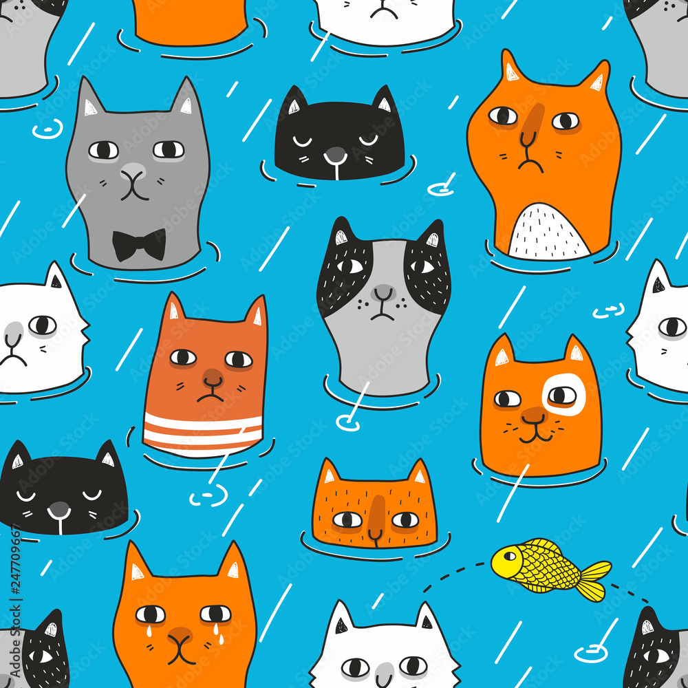 Fototapeta premium Funny sad cats in the water seamless pattern.