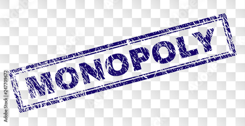MONOPOLY stamp seal imprint with rubber print style and double framed rectangle shape. Stamp is placed on a transparent background. Blue vector rubber print of MONOPOLY label with unclean texture.