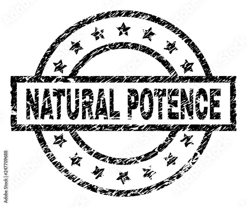 NATURAL POTENCE stamp seal watermark with distress style. Designed with rectangle, circles and stars. Black vector rubber print of NATURAL POTENCE tag with corroded texture.