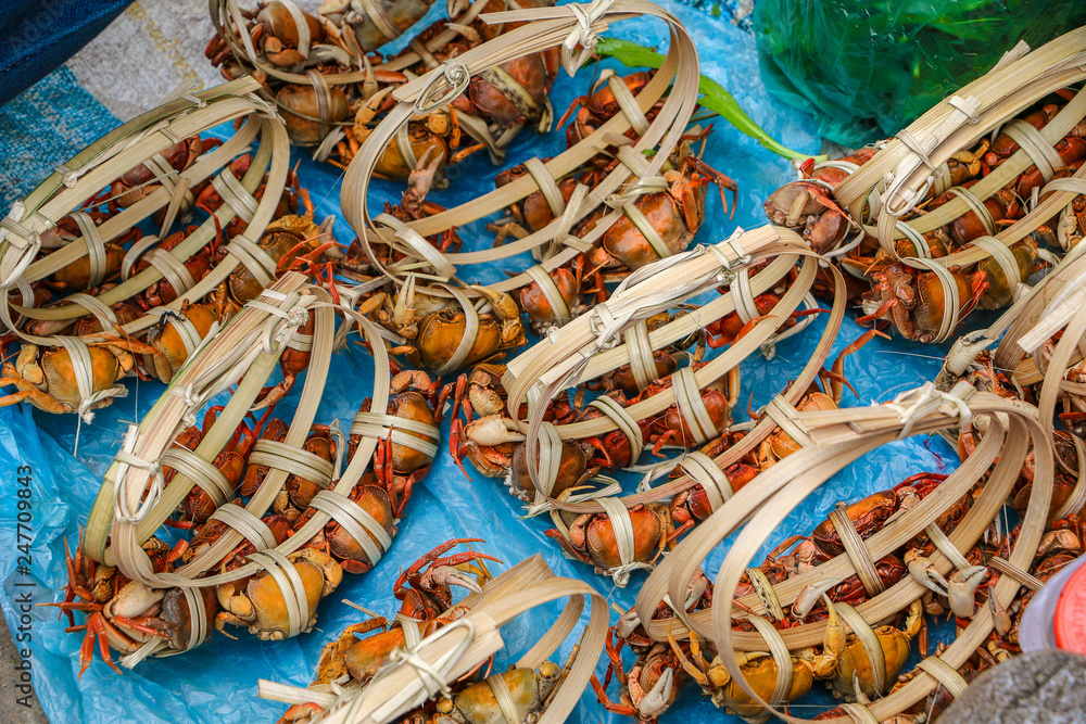 Many crabs tied with bamboo for sale in the morning market.