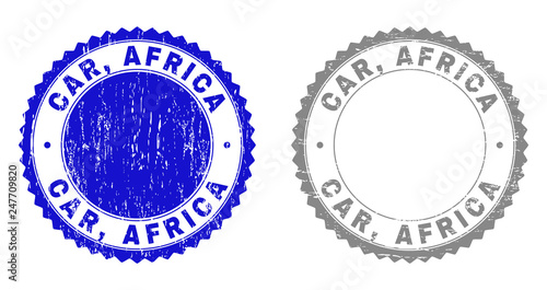 Grunge CAR, AFRICA stamp seals isolated on a white background. Rosette seals with grunge texture in blue and gray colors. Vector rubber overlay of CAR, AFRICA label inside round rosette.