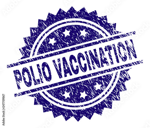 POLIO VACCINATION stamp seal watermark with distress style. Blue vector rubber print of POLIO VACCINATION tag with scratched texture.