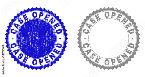 Grunge CASE OPENED stamp seals isolated on a white background. Rosette seals with grunge texture in blue and gray colors. Vector rubber imprint of CASE OPENED caption inside round rosette.