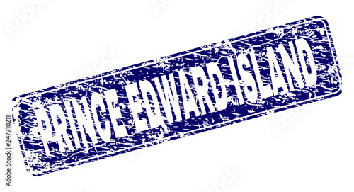 PRINCE EDWARD ISLAND stamp seal print with distress style. Seal shape is a rounded rectangle with frame. Blue vector rubber print of PRINCE EDWARD ISLAND tag with scratched style.