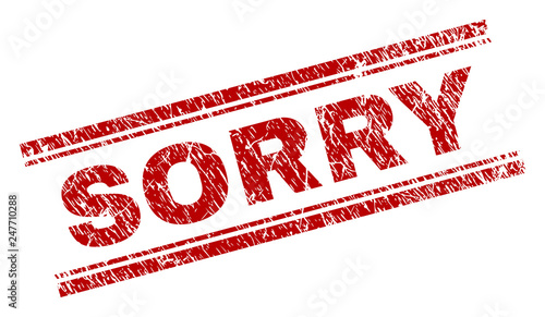 SORRY seal print with distress style. Red vector rubber print of SORRY text with dirty texture. Text label is placed between double parallel lines.