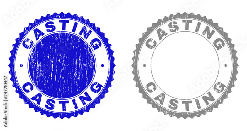 Grunge CASTING stamp seals isolated on a white background. Rosette seals with grunge texture in blue and grey colors. Vector rubber watermark of CASTING tag inside round rosette.