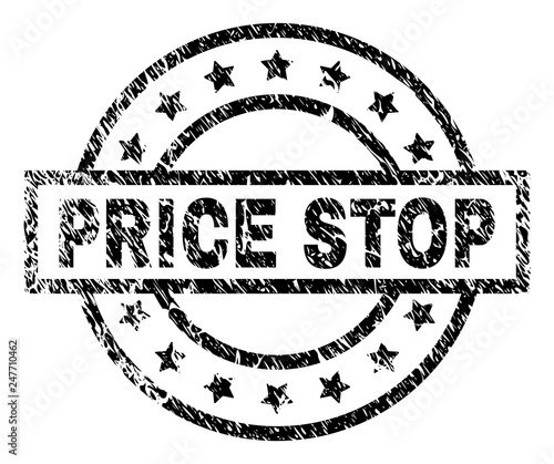PRICE STOP stamp seal watermark with distress style. Designed with rectangle, circles and stars. Black vector rubber print of PRICE STOP tag with dirty texture.