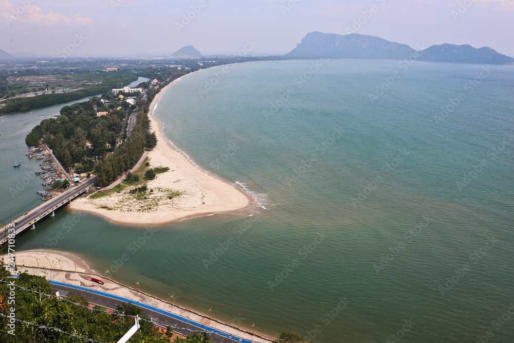 View from the observation deck, viewpoint on the city of Prachuap Khiri Khan and on the bay in Thailand in the afternoon